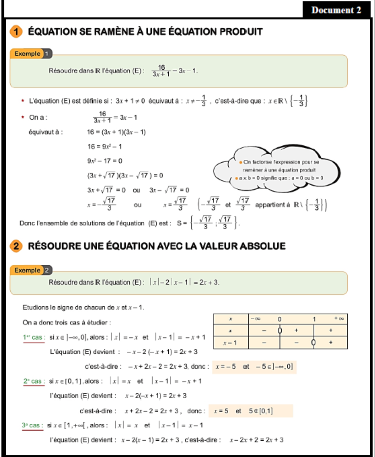 Document 2 : exemple d’équation se ramenant à une équation-produit et début d’un exemple de résolution d’une équation avec valeur absolue.