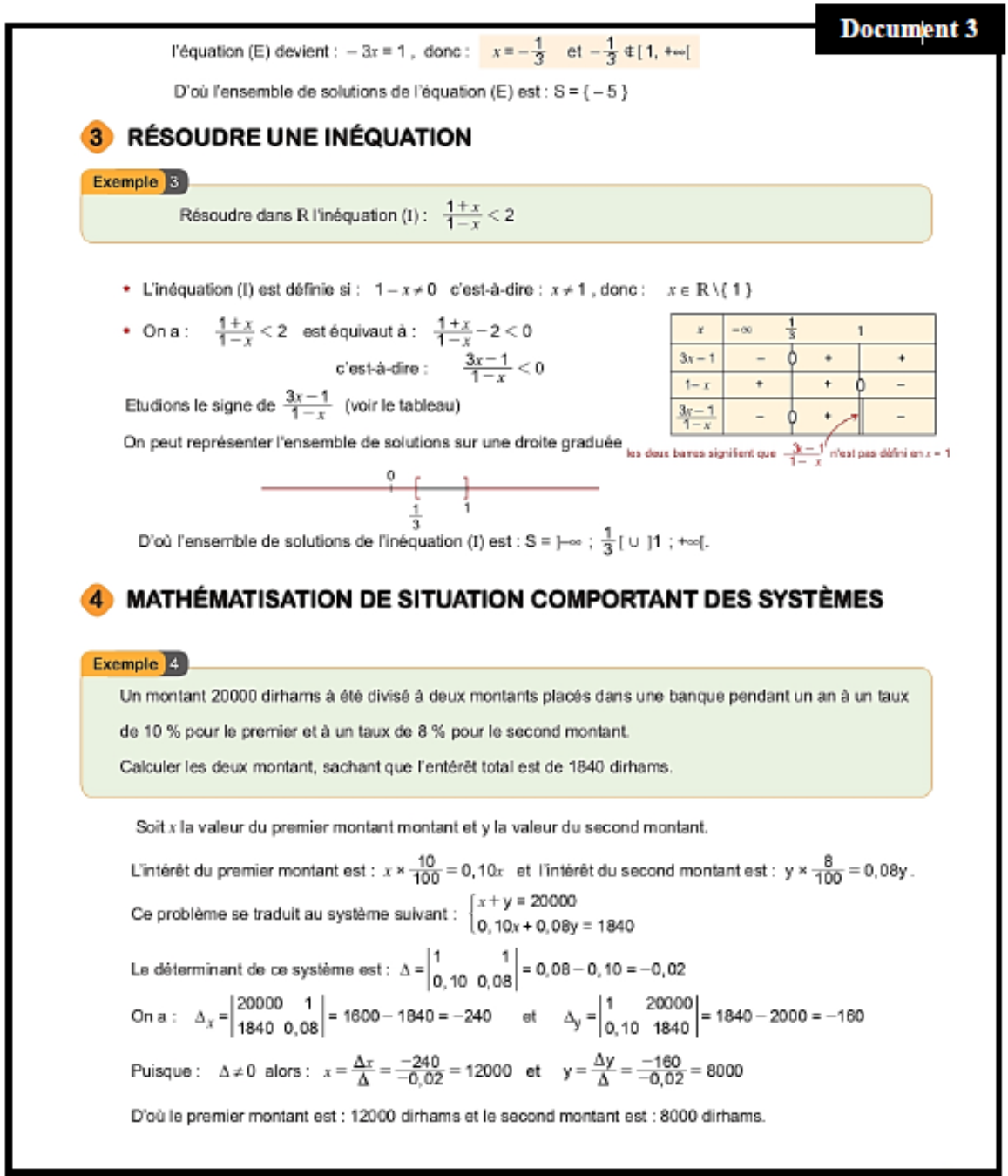 Document 3 : suite de l’exemple avec valeur absolue, résolution d’une inéquation rationnelle et mathématisation d’une situation comportant un système.